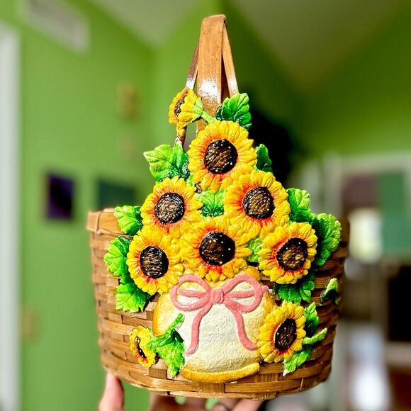 Other - Vintage Hand Painted Woven Sunflower Basket Home Decor Floral Art Cottagecore